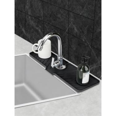 Imagem de Bandeja de torneira de silicone - Organizador de pia de cozinha e banheiro com coletor de gotejamento, suporte de sabão/esponja e protetor de respingos (45 x 16 cm - preto)