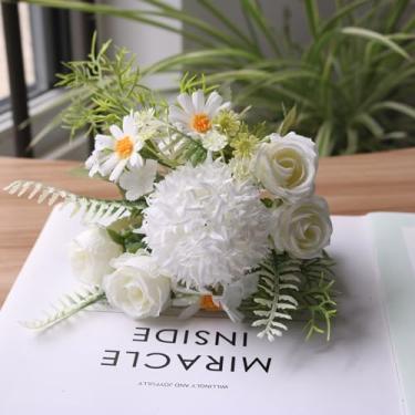 Imagem de Buquê artificial de rosas e margaridas - Arranjo de flores de bola espinhosa com camomila selvagem para decoração de casa e artesanato, 1 peça (branco)
