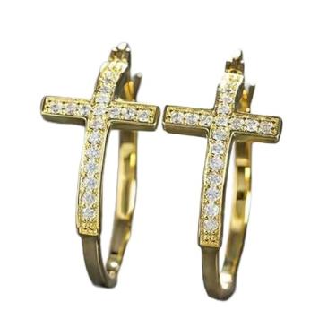Imagem de Brincos de argola com design de cruz extravagante para mulheres, joia moderna de zircônia cúbica dourada, 0.87, Latão, Zircônia cúbica