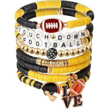 Imagem de KLSKLYL 【Conjunto de 8 peças de pulseiras Super Bowl】 Pulseiras com tema esportivo para dia de jogo – Conjunto de miçangas unissex de futebol, basquete, vôlei e beisebol, One Size, Argila de polímero
