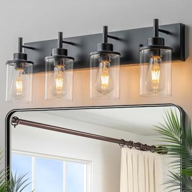 Imagem de Luminárias de banheiro sobre espelho, luz preta fosca, arandela de parede com 4 luzes, lâmpada de banheiro de fazenda para ambientes internos com sombra de vidro transparente para quarto, sala de estar, corredor, cozinha