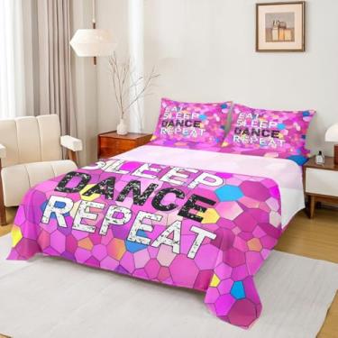 Imagem de Castle Fairy Jogo de lençol solteiro Eat Sleep Dance Repeat, diamante roxo, para crianças, adolescentes, colorido, com 1 lençol de cima e 1 lençol com elástico e 1 fronha