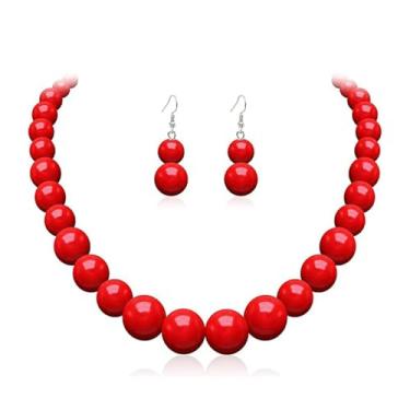 Imagem de Conjunto de colar e brinco de pérolas, joias de pérolas grossas, miçangas, gargantilha de casamento, noiva, formatura, fantasia, bijuteria, meias, Medium, Latão, Sem Pedra Preciosa