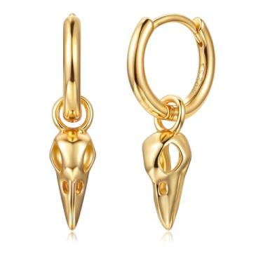 Imagem de ZRU Brincos de argola de ouro para homens e mulheres, brincos com pingente de caveira de corvo gótico, hipoalergênicos, banhados a ouro 14 K, punk, pássaro, caveira, orelha, presente de Halloween