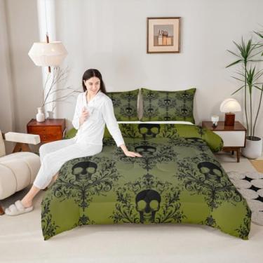 Imagem de Manfei Jogo de cama solteiro de caveira gótica preta, vintage damasco floral verde-limão, 2 peças, edredom de plumas barroco vitoriano antigo para todas as estações, decoração de quarto de