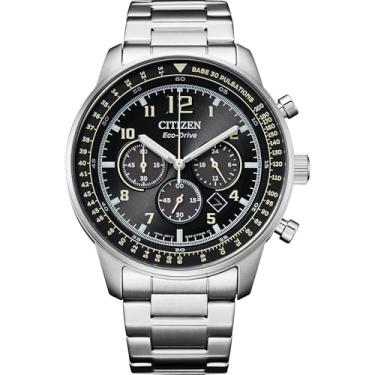 Imagem de Citizen Relógio masculino casual esportivo Eco-Drive, pulseira de aço inoxidável prateado, mostrador preto, cronógrafo, data (modelo: CA4500-83E)