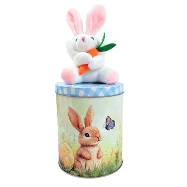 Imagem de Lata Biscoito Decorativa Pascoa Metal Coelho Presente Azul
