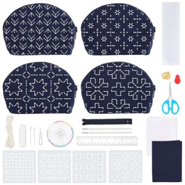 Imagem de FREEBLOSS Conjunto de 4 kits de bolsa de moedas Sashiko com padrão geomético, bolsa de estêncil de PET, kit de bordado para iniciantes, ideias de presente de carteira feita à mão, tecido azul marinho