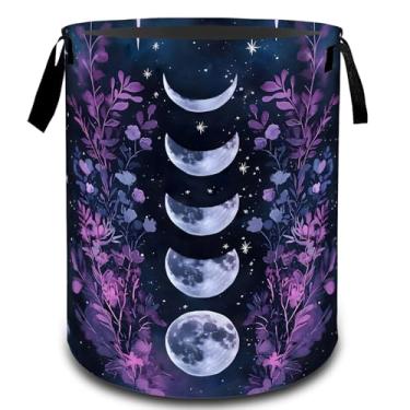 Imagem de VODRM Cesta de lavanderia floral com céu estrelado da fase da lua, cesto organizador de brinquedos sujo dobrável para crianças e adultos, cesto de armazenamento à prova d'água de tecido Oxford para