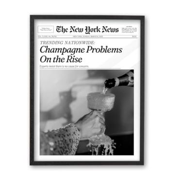 Imagem de iHery Madeira de carvalho preto natural premium 40,6 x 50,8 cm Champagne Problems On the Rise Jornal Arte de parede emoldurada moderna, decoração de parede em tela engraçada vintage para dormitório