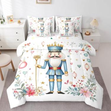 Imagem de Erosebridal Conjunto de edredom solteiro de Natal com estampa de quebra-nozes em aquarela e flor, 7 peças, para crianças, meninos, meninas, coroa de floco de neve, conjunto de cama de Natal com