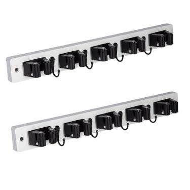 Imagem de Pacote com 2 suportes de vassoura, suporte de parede com 5 compartimentos e 4 ganchos, vassoura de madeira rústica e cabide de esfregão, organizador de ferramentas de jardim e garagem para armário de