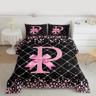 Imagem de Feelyou Conjunto de edredom infantil com laço rosa, solteiro, letra P, princesa, glitter, para quarto de crianças, meninos, meninas, decoração de alfabeto, microfibra, ultramacia e respirável