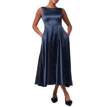 Imagem de Lulus Vestido feminino midi de cetim pesado Blanche com quadris dardos, Azul marino, G