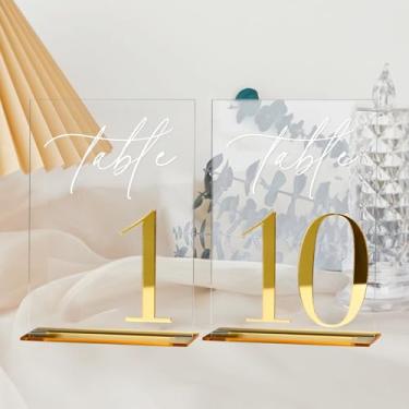 Imagem de Números de mesa de casamento de acrílico 1-10 com suportes, placas de acrílico transparente de 12,7 x 17,8 cm com números espelhados dourados 3D, números de mesa 3D transparentes e dourados para