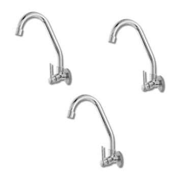 Imagem de Kit Com 3 Torneiras De Parede Com Bica Móvel 1167 – Corpo Em Metal E Cano Inox, Alavanca C-72, Ideal Para Cozinha E Tanque