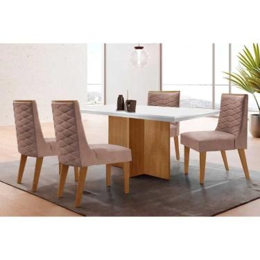Imagem de Conjunto Sala de Jantar Berlim c/ Tampo Madeirado c/ Vidro Canto Curvo 120x80cm e 4 Cadeiras Dafne Madeira Maciça Naturale/Off White - Capuccino/Linho
