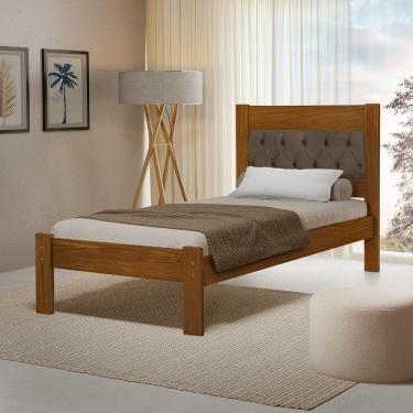 Imagem de Cama De Solteiro Viena Com Cabeceira Captonê Veludo Marrom Madeira Castanho
