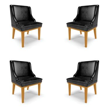 Imagem de Kit 4 Cadeiras Decorativas Sala De Jantar Base Fixa De Madeira Firenze Pu Preto Brilho/castanho G19