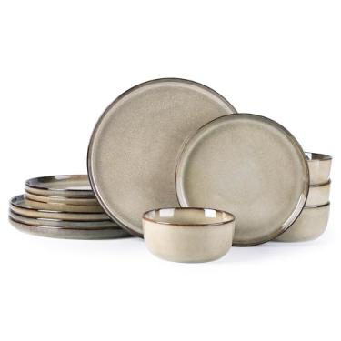 Imagem de GBHOME Conjuntos de louça de cerâmica para 4, 12 peças de pratos e tigelas de grés, pratos resistentes a arranhões, seguro para lava-louças e micro-ondas, esmalte reativo