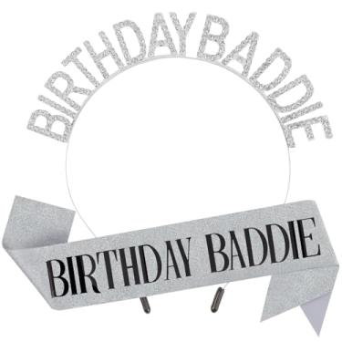 Imagem de Canitor Conjunto de coroa de faixa de aniversário Baddie, lembrancinhas de festa de aniversário, decorações e acessórios para mulheres, meninas, homens, adultos, tiara de strass, faixa de cetim macio