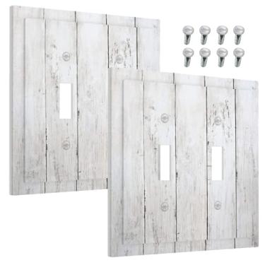 Imagem de Wmhusu Capas decorativas de madeira branca rústica, placa de parede vintage de madeira para 2 gangues, tampa de interruptor de luz de balancim duplo, receptáculo GFCI, placa elétrica para decoração de
