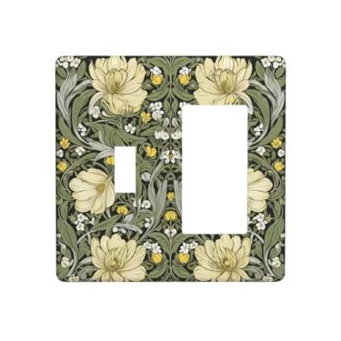 Imagem de Wmhusu Capa de interruptor de luz Morris flores brancas vintage folhas florais 2 gangues conjunto de balancim capa de tomada placas de parede placas decorativas de interruptor e capas de tomada para