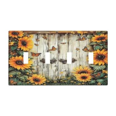 Imagem de SgEdao Capa decorativa para interruptor, placa de parede vintage de girassol, madeira para porta de celeiro, 4 grupos, placa grande para interruptor de luz quadriciclo, placa frontal jumbo para casa