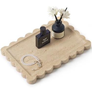 Imagem de Bandeja de mármore recortado natural real para banheiro, penteadeira, cozinha e mesa, bandeja decorativa de pedra para joias, cosméticos, velas, loção, perfume e decoração de casa (travertino, 30 x 20