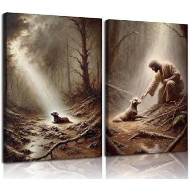 Imagem de 2 peças de arte de parede Jesus e Cordeiro O Bom Pastor Decoração de Parede Religiosa Cristã Pintura em Tela Jesus Salva as Ovelhas Perdidas Impressões para Igreja, Quarto, Sala de Estar, Decoração de