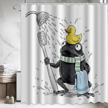 Imagem de FAMTUDE Conjunto de cortina de chuveiro de sapo engraçado pato asiático arte tradicional japonesa animal fofo acessórios de banho de chuva arte adorável tecido de decoração de casa com 12 ganchos, 182