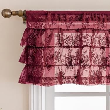 Imagem de Saia de renda bordô com babados para janela 1 painel, L 132 x C 45,7 cm Country Rusitc Floral Cortina de saia transparente para janela de cozinha sobre a pia, bolso para varão, privacidade, cortina