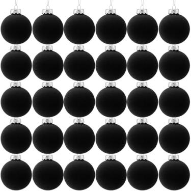Imagem de Hollowfly 48 bolas de veludo de Natal a granel 8 cm enfeites de bola flocada de plástico para decoração de árvore de Natal para festas de fim de ano (preto)