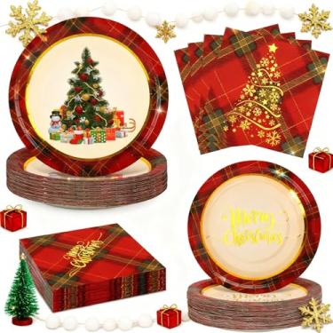 Imagem de Conjunto de 200 pratos e guardanapos de papel de Natal para 50 convidados, pratos descartáveis de árvore de Natal de 23 cm, pratos de sobremesa de 17 cm com xadrez de búfalo, artigos de mesa para