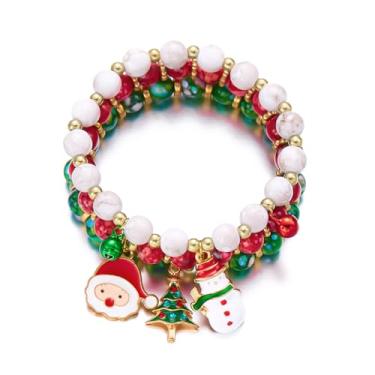 Imagem de 3 peças de pulseiras de Natal para mulheres, liga de argila de polímero, Papai Noel, pulseira elástica com contas fofas, acessórios de berloque, One Size, Argila de polímero, Sem Pedra Preciosa