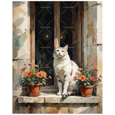 Imagem de Kit de pintura animal por números para adultos - DIY gato branco com flores laranjas na borda da janela, pintura em tela 40,6 x 50,8 cm, conjunto de tinta acrílica, adequado para iniciantes, arte para