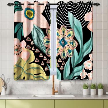 Imagem de Renaiss 66 x 91 cm preto boho floral blackout cortinas para quarto de meados do século botânico 90% cortinas pretas para sala de estar, ilhós, isolamento térmico, escurecimento da janela, cortinas 2