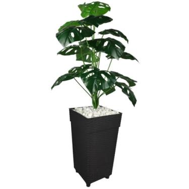 Imagem de Planta Artificial Costela de Adão com Vaso Decorativo Grande em Rattan – Decoração Elegante para Sala ou Casa(Preto)