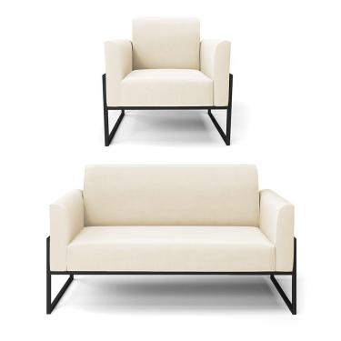 Imagem de Sofá Namoradeira Com Poltrona Base Industrial Alta Preto Marisa Veludo D03 - D\'rossi Cor Bege