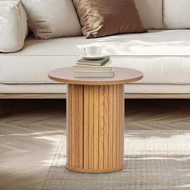 Imagem de Mesa de canto canelada moderna, mesa de cabeceira de madeira para espaços pequenos, mesa lateral de sofá com prateleira de armário, acabamento natural escuro (natural, 40 cm de largura)