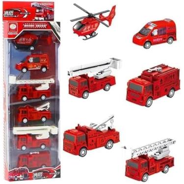 Imagem de Conjunto 6 Mini Veículos de Brinquedo – Carrinhos 9cm, Helicóptero, Militar, Bombeiros e Caminhão de Lixo – Diversão Educativa Infantil 3+ (Vermelho)