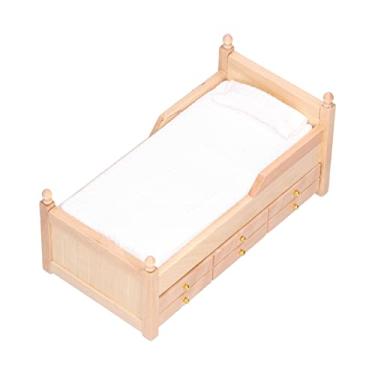 Imagem de TOPINCN Cama de Casa de Bonecas Em Miniatura, Cama de Casa de Boneca de Bétula Escala 1:12 Com Gaveta de Armazenamento, Colchão e Travesseiro, para Móveis de Casa de Bonecas e