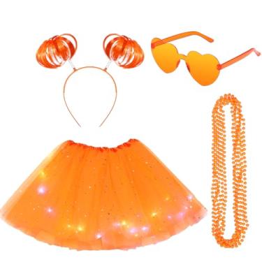 Imagem de Panitay Conjunto de 9 peças de fantasia de saia de LED para mulheres, saia tutu de tule iluminada pompom rabo de cavalo tiara coração óculos de sol (pequeno, laranja)