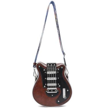 Imagem de Lyuxhetaokdiq Bolsa tiracolo masculina e feminina em formato de guitarra de couro PU exclusiva novidade bolsa de guitarra, 1 marrom pequeno