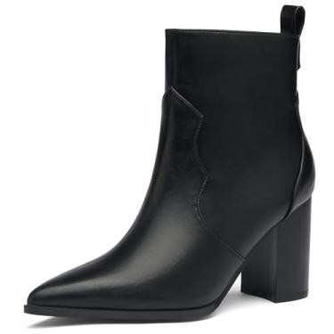 Imagem de SICARE Botas femininas de bico fino, salto grosso, 8 cm, salto grosso, salto bloco, zíper lateral, recortado, moderno, elegante, para encontros em festas de trabalho, Preto, 35