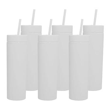 Imagem de Copos skinny com tampas e canudos. Copo fino branco fosco com canudos. Conjunto de copos de acrílico de parede dupla pastel de plástico de 473 ml para Smoothie Ice Coffee. Presente DIY personalizável.