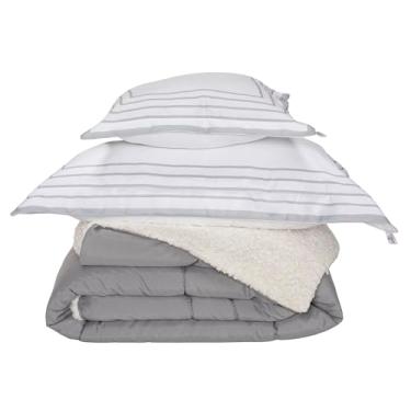 Imagem de Kit Coberdrom 3 Peças Solteiro Dupla Face Hipercal 400 Fios e Sherpa, 180x240cm, com Fronha 70x50cm e Capa Almofada 40x40cm (Solteiro Soff/Cinza)