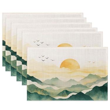 Imagem de Jogo americano de mesa, conjunto de 6 jogos americanos de pano de montanha verde, tapetes de mesa resistentes ao calor Boho Sun para decoração de cozinha e sala de jantar, tapetes de tecido