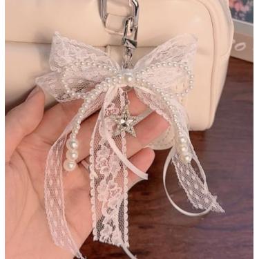 Imagem de Chaveiro feminino laço pérola laço estrela balé fita branca preta chaveiro acessórios, Branco, tamanho �nico