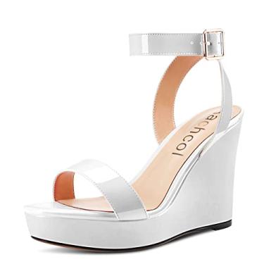 Imagem de Aachcol Sandália feminina plataforma plataforma redonda peep bico aberto tira no tornozelo com tira no tornozelo, duas peças, bloco grosso, salto alto, sapato social de salto alto, patente, festa 10